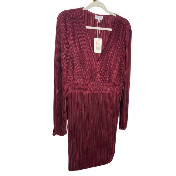 Lucy Paris Rosa Mini Dress Fit & Flare V Neck Pleated Long Sleeve Maroon Size L - Picture 4 of 10